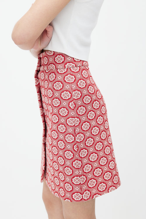 Miu Miu Red & White Floral Woven Skirt