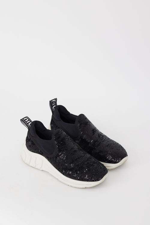 Miu Miu Black & White Sequin Neoprene & Rubber Sneaker