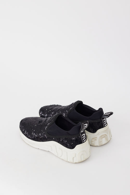 Miu Miu Black & White Sequin Neoprene & Rubber Sneaker