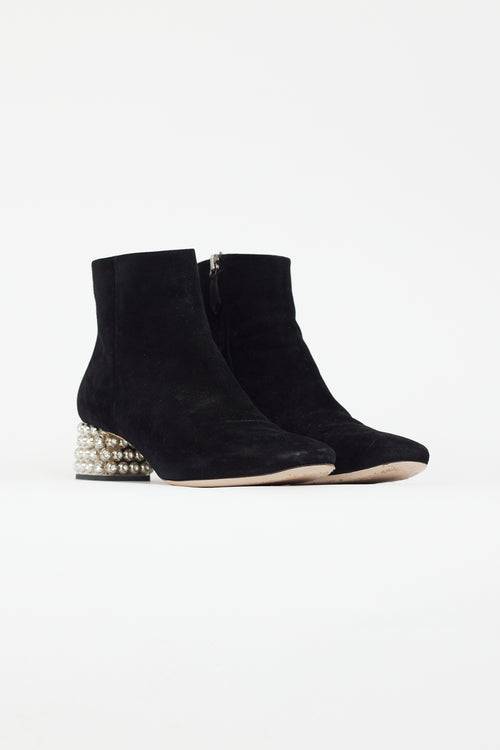 Miu Miu Black Suede & Crystal Embellished Heel Boot