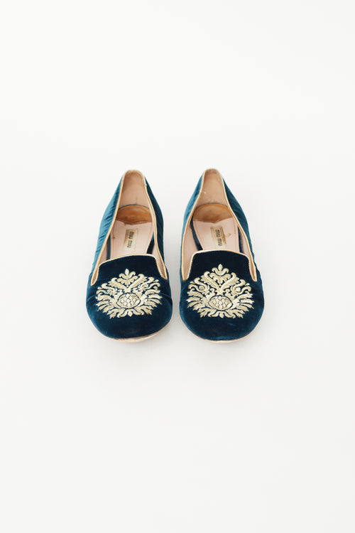 Miu Miu Navy & Gold Velvet Flat