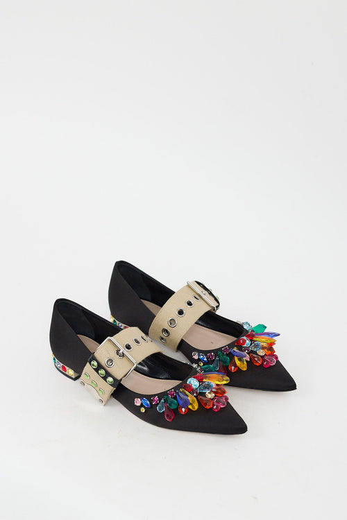 Miu Miu Black & Multi Bejeweled Buckle Flat