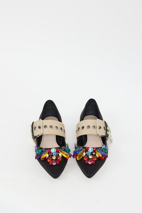 Miu Miu Black & Multi Bejeweled Buckle Flat