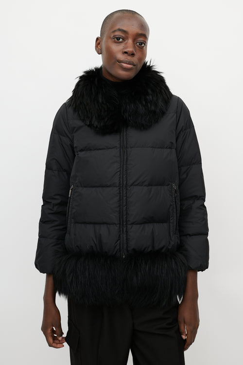 Moncler Black Nylon & Fur Trim Jacket