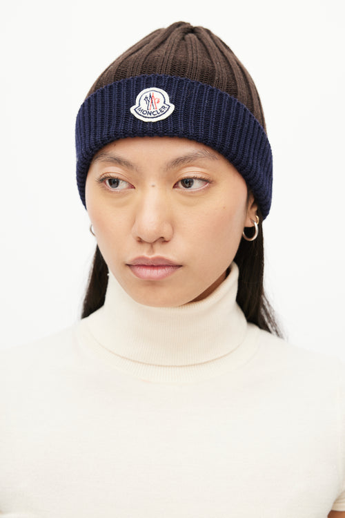 Moncler Brown & Navy Ribbed Logo Beanie