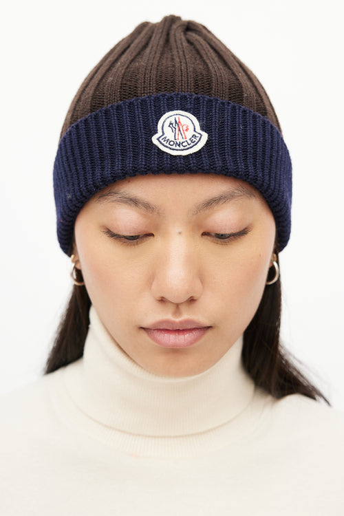Moncler Brown & Navy Ribbed Logo Beanie