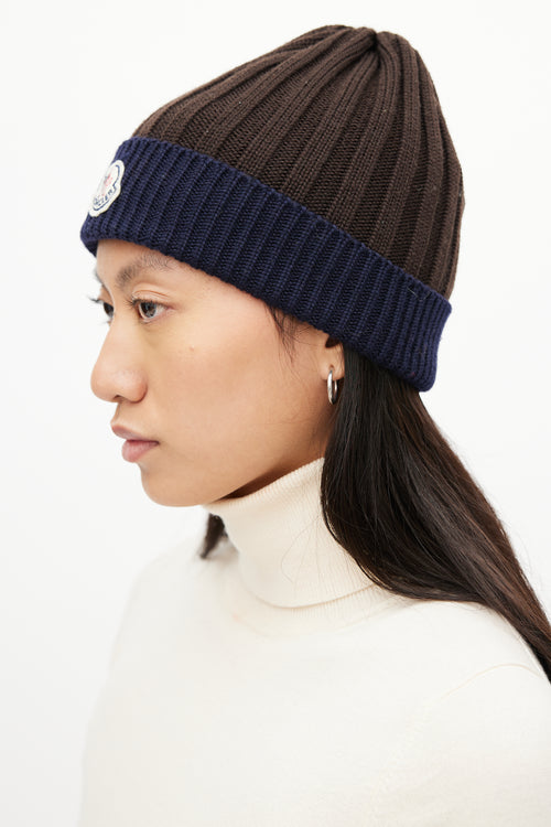 Moncler Brown & Navy Ribbed Logo Beanie