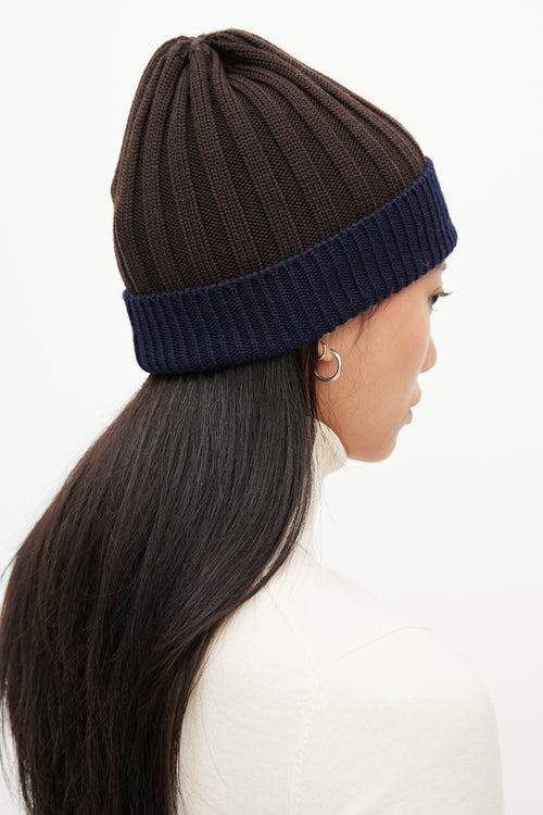 Moncler Brown & Navy Ribbed Logo Beanie