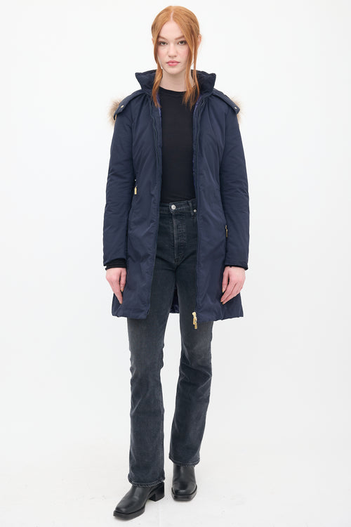 Moncler Navy Down & Fur Trim Belted Coat
