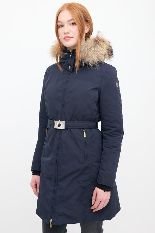 Moncler Navy Down & Fur Trim Belted Coat