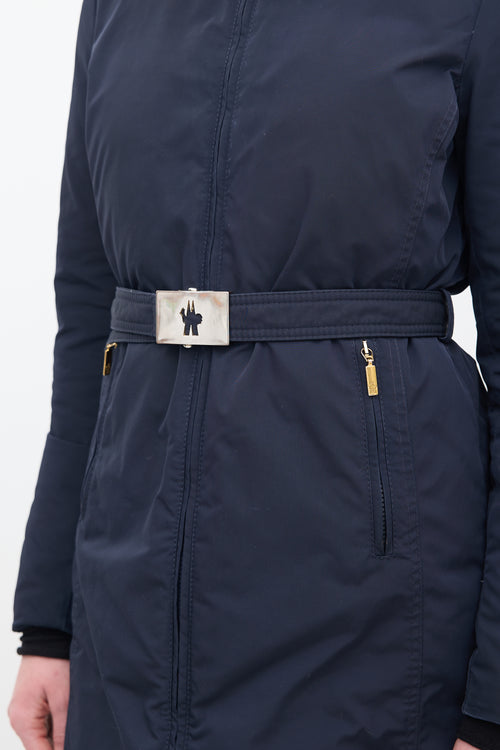 Moncler Navy Down & Fur Trim Belted Coat