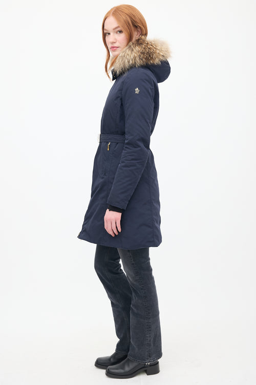 Moncler Navy Down & Fur Trim Belted Coat