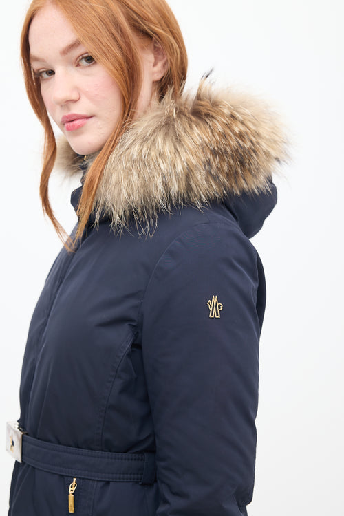 Moncler Navy Down & Fur Trim Belted Coat