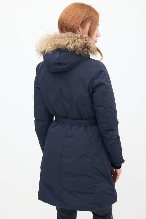 Moncler Navy Down & Fur Trim Belted Coat