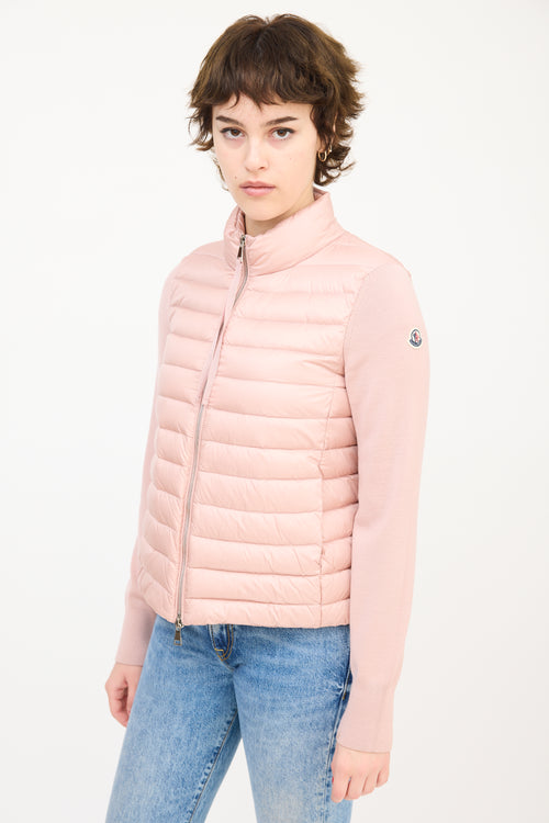 Moncler Pink Wool Sleeve & Nylon Shell Puffer Jacket