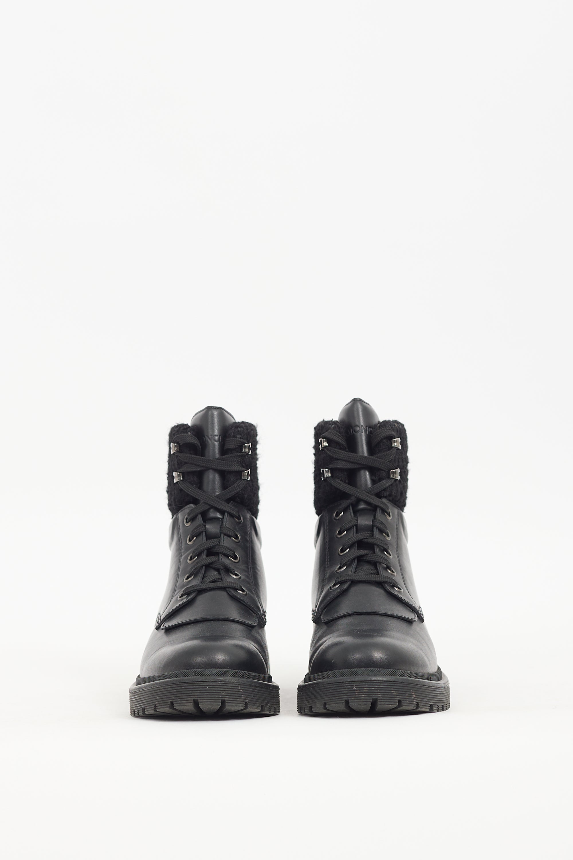 Moncler Black Leather & Tweed Combat Boot