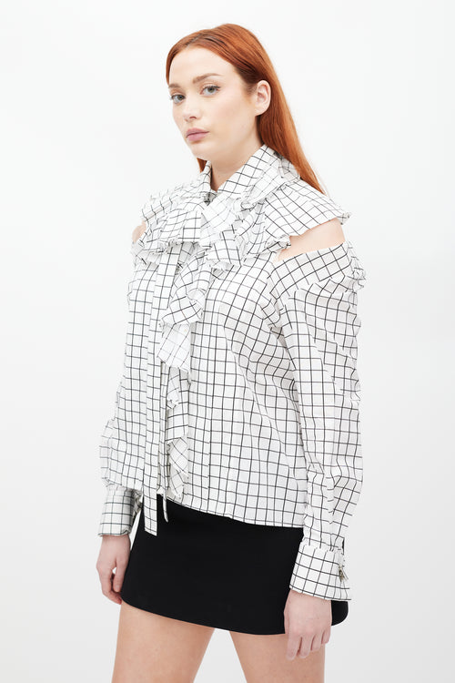 Monse White & Black Ruffled Windowpane Top
