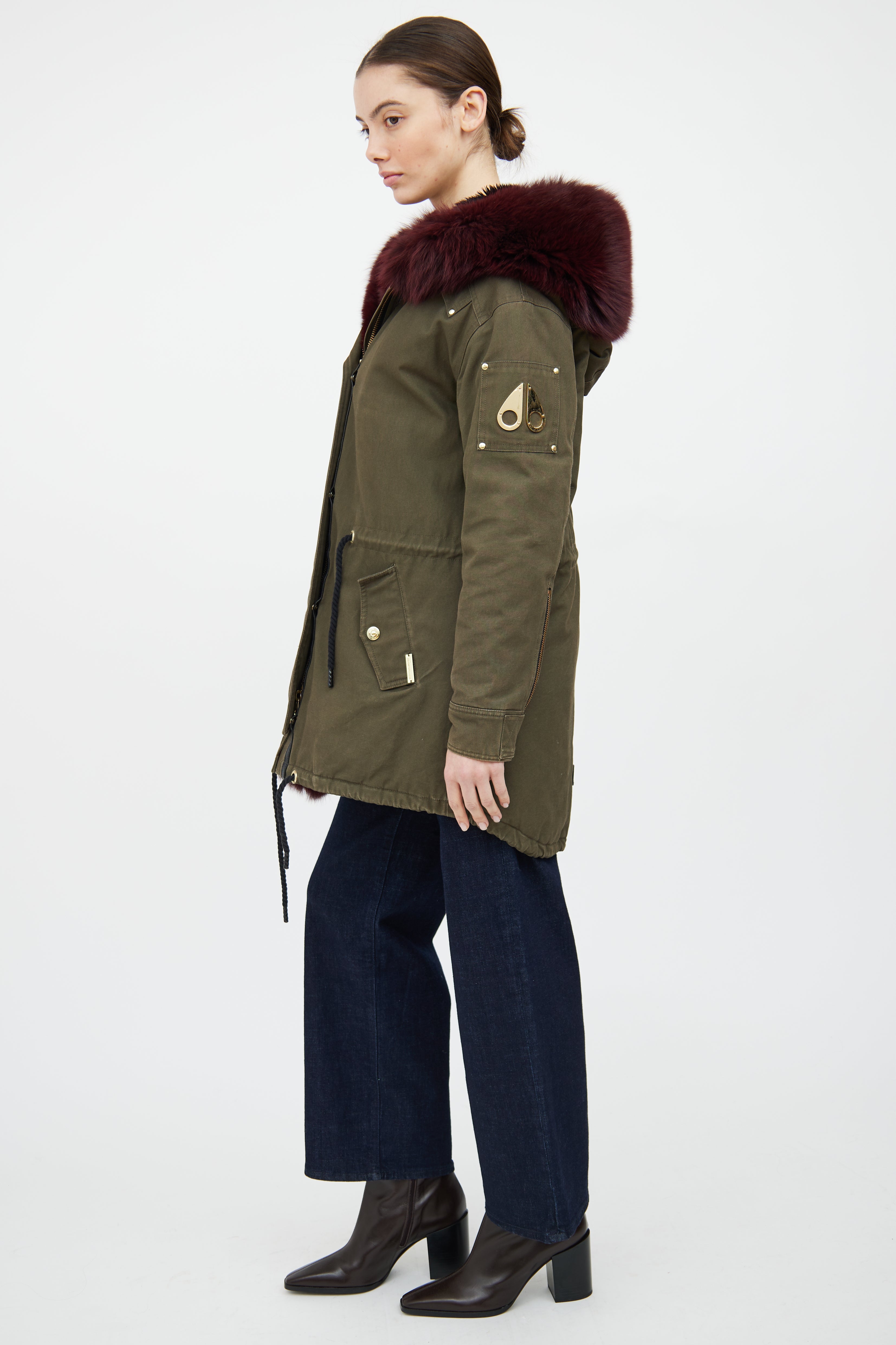 Moose Knuckles Green & Red Fur Trim Parka