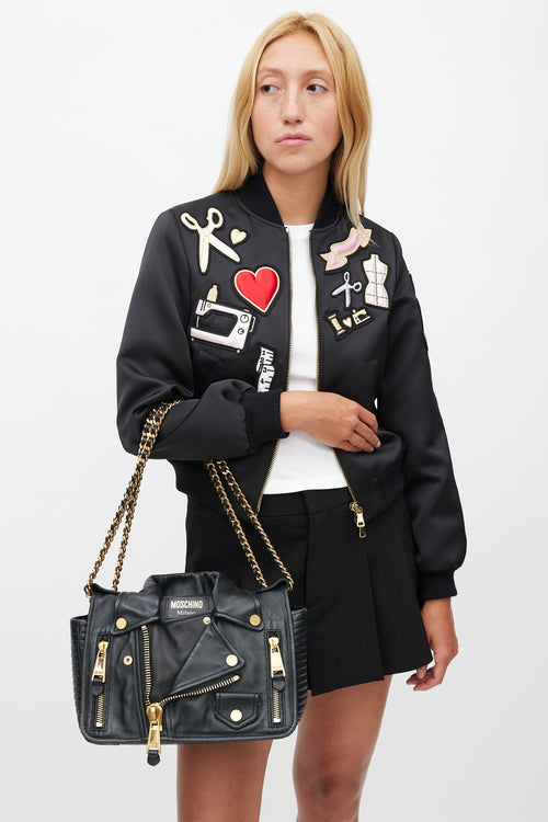 Moschino Black & Gold Leather Biker Shoulder Bag