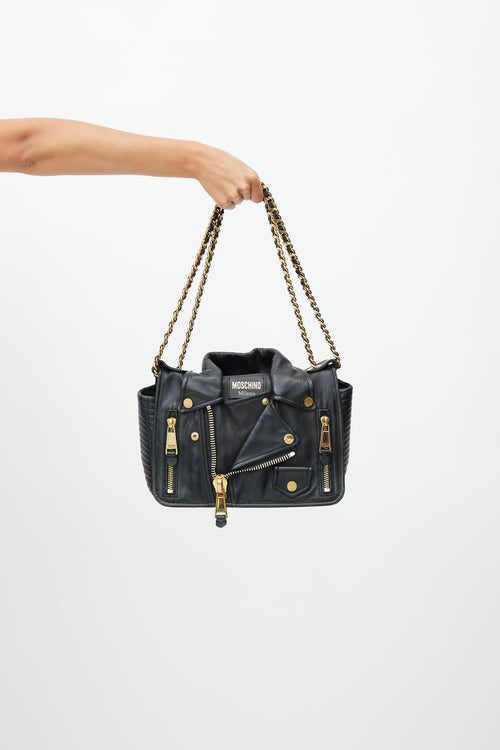 Moschino Black & Gold Leather Biker Shoulder Bag