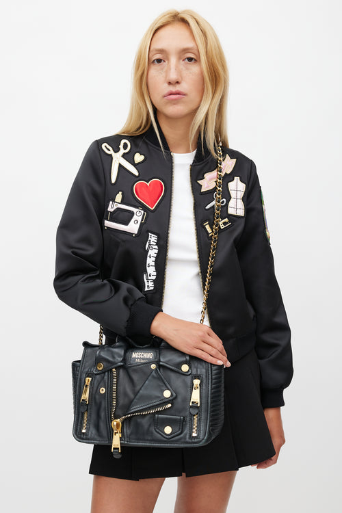 Moschino Black & Gold Leather Biker Shoulder Bag