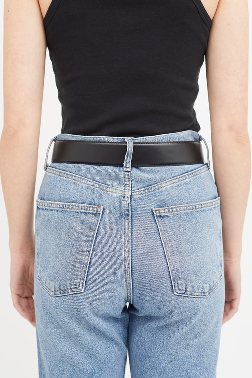 Moschino Black Leather & Gold Logo Buckle Belt