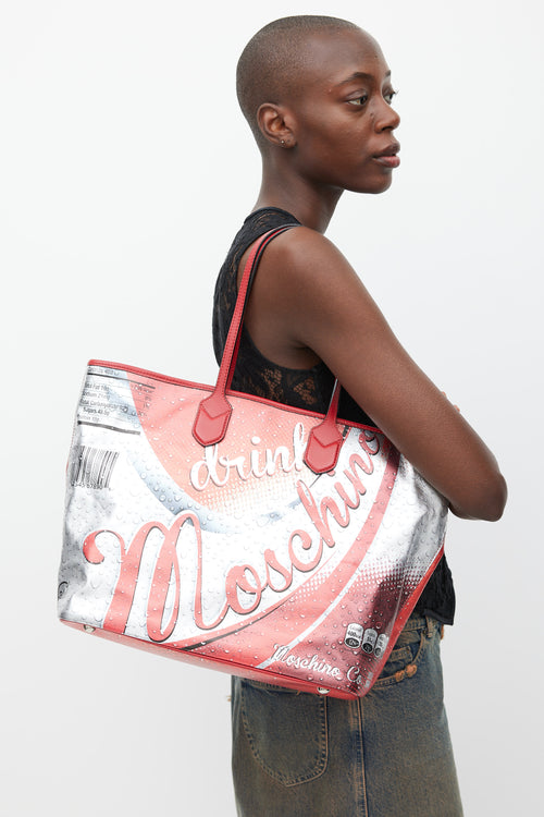 Moschino Red & Silver Leather Logo Tote