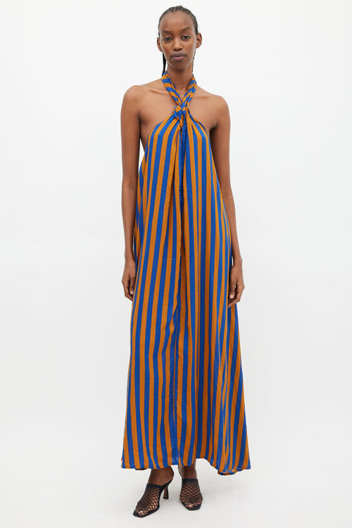 Natalie Martin Blue & Brown Striped Halter Dress