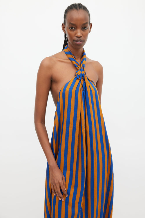 Natalie Martin Blue & Brown Striped Halter Dress