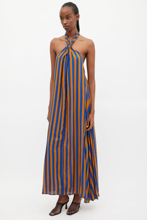 Natalie Martin Blue & Brown Striped Halter Dress