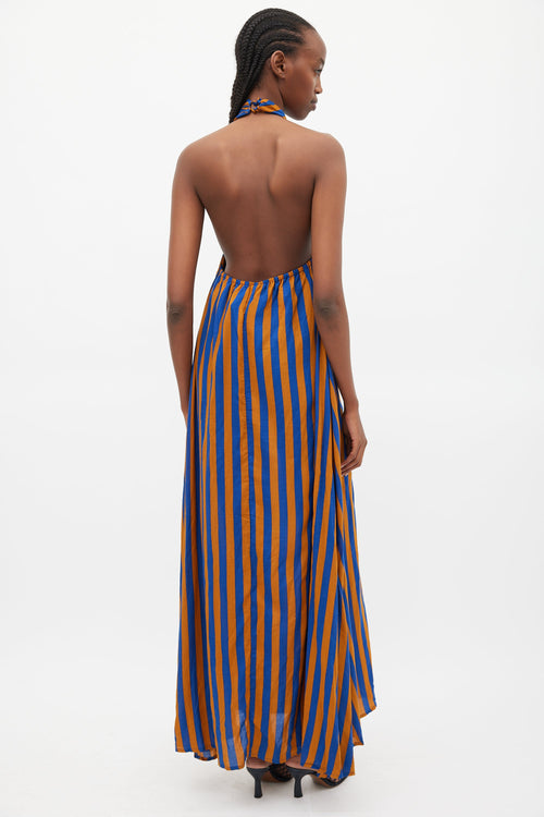 Natalie Martin Blue & Brown Striped Halter Dress