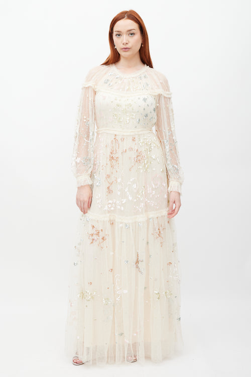 Needle & Thread Cream Mesh Tiered Sequin Dress