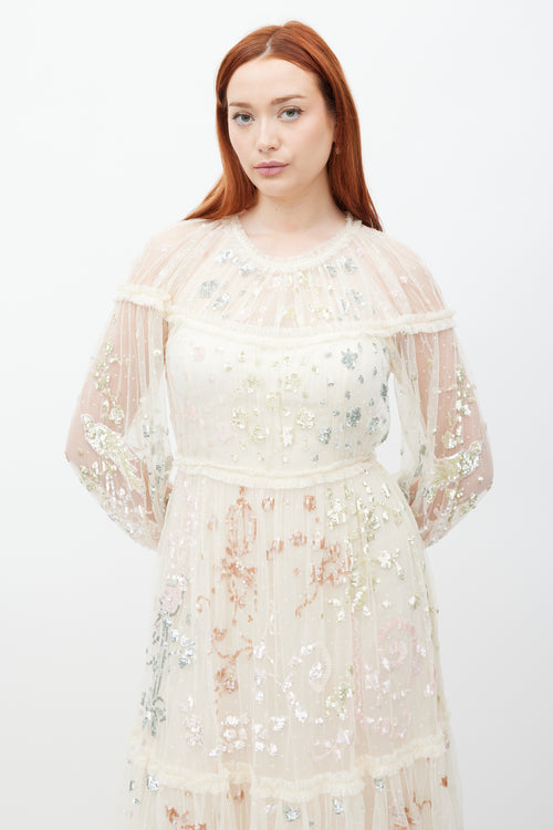 Needle & Thread Cream Mesh Tiered Sequin Dress