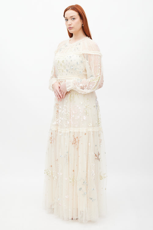 Needle & Thread Cream Mesh Tiered Sequin Dress