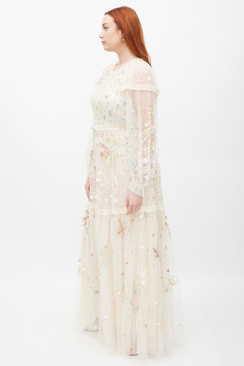 Needle & Thread Cream Mesh Tiered Sequin Dress