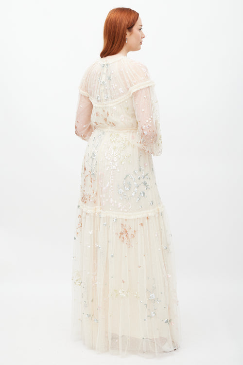 Needle & Thread Cream Mesh Tiered Sequin Dress