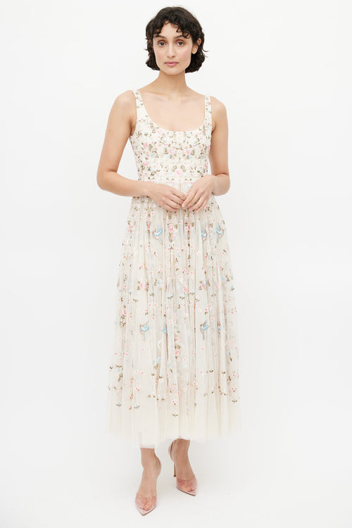 Needle & Thread Beige & Multicolour Floral Embroidered Tulle Dress