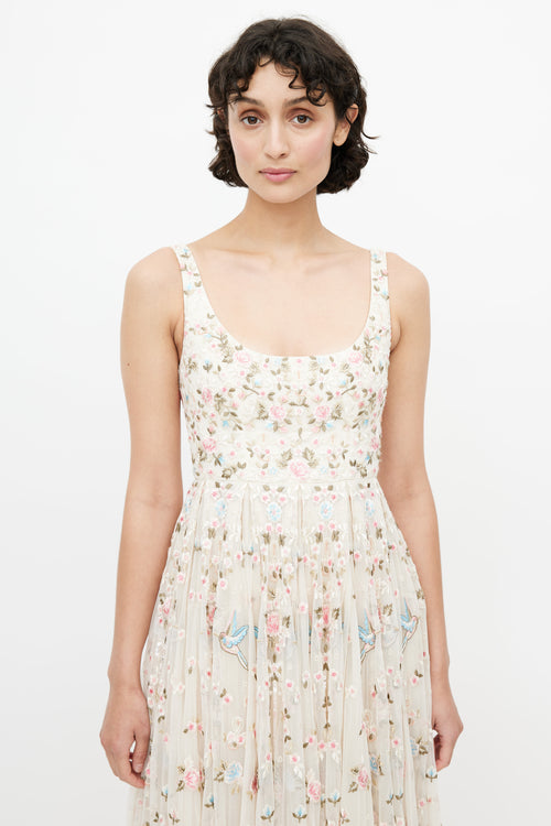 Needle & Thread Beige & Multicolour Floral Embroidered Tulle Dress