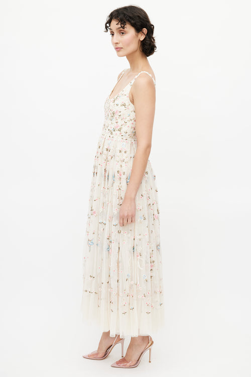 Needle & Thread Beige & Multicolour Floral Embroidered Tulle Dress