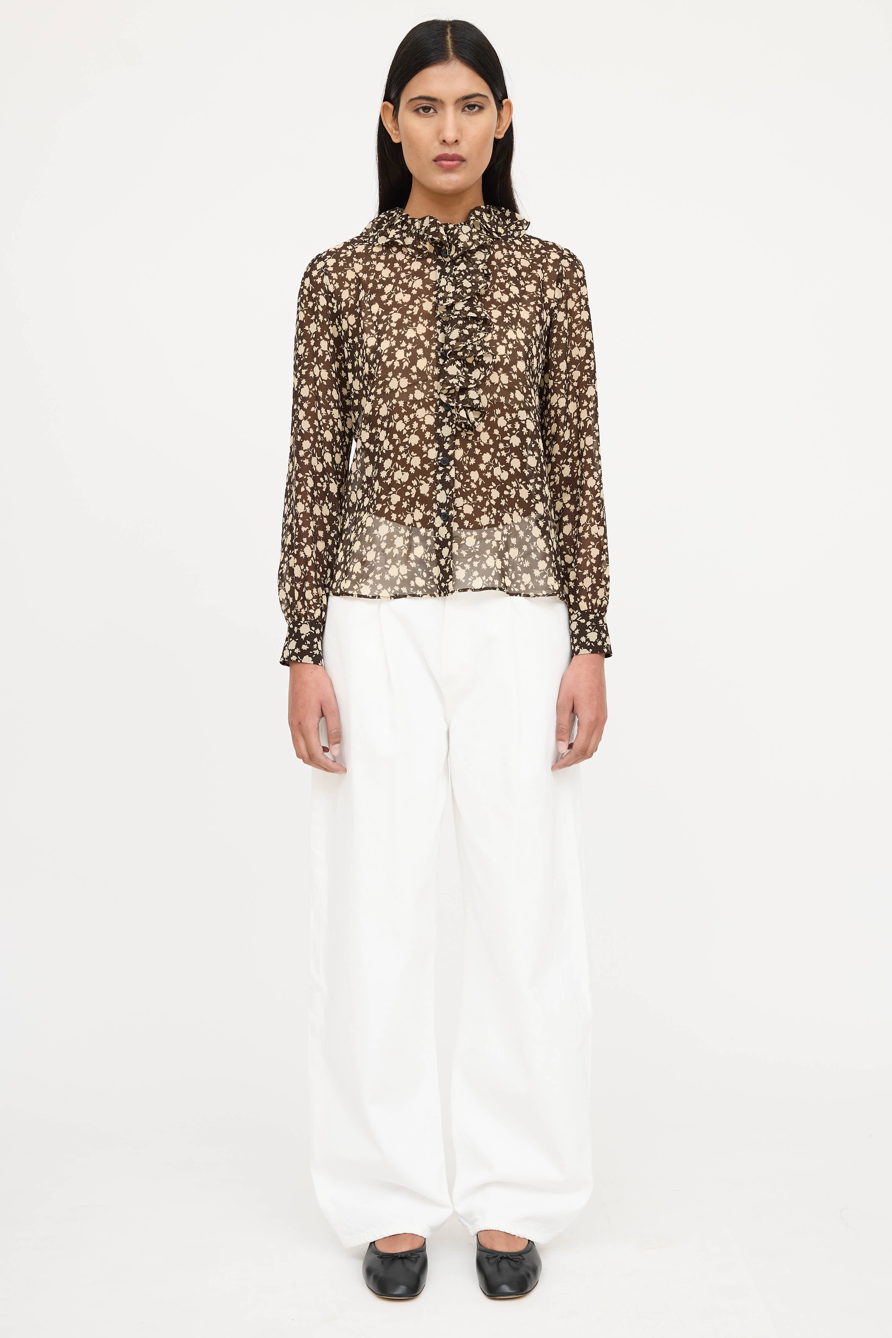 Nili Lotan Silk Floral Ruffle Blouse