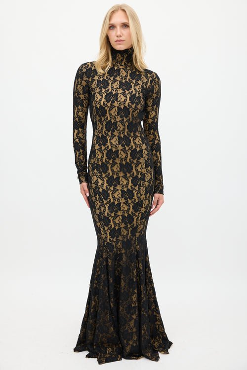 Norma Kamali Black & Beige Floral Lace Open Back Gown