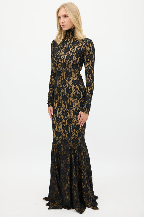 Norma Kamali Black & Beige Floral Lace Open Back Gown