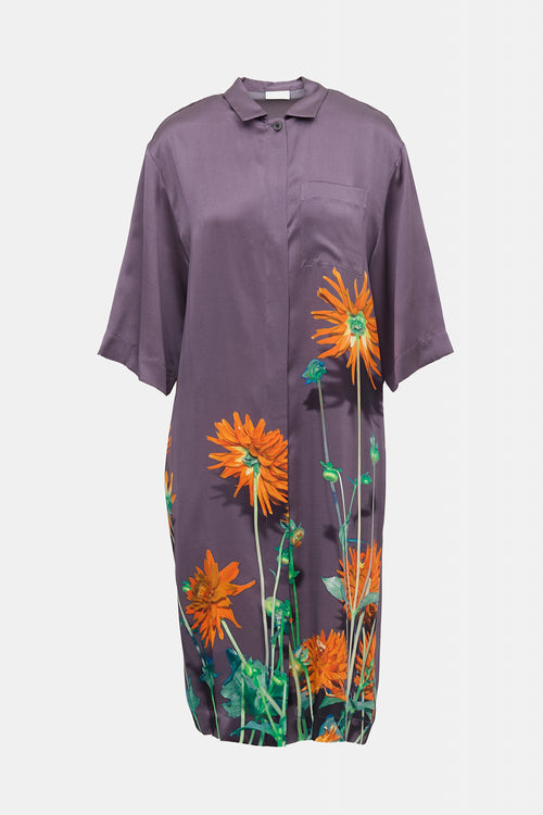 Dries Van Noten Silk Satin Floral Shirt Dress