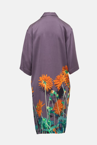 Dries Van Noten Silk Satin Floral Shirt Dress
