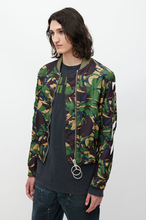 Off-White Green & Multicolour Camo Logo Bomber Jacket