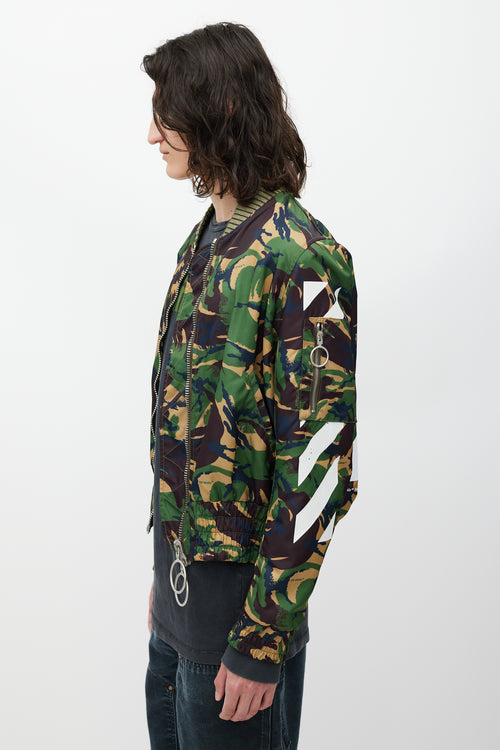 Off-White Green & Multicolour Camo Logo Bomber Jacket