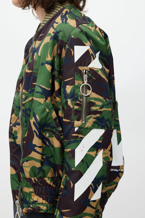 Off-White Green & Multicolour Camo Logo Bomber Jacket