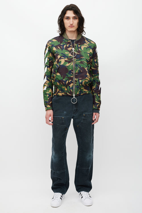Off-White Green & Multicolour Camo Logo Bomber Jacket