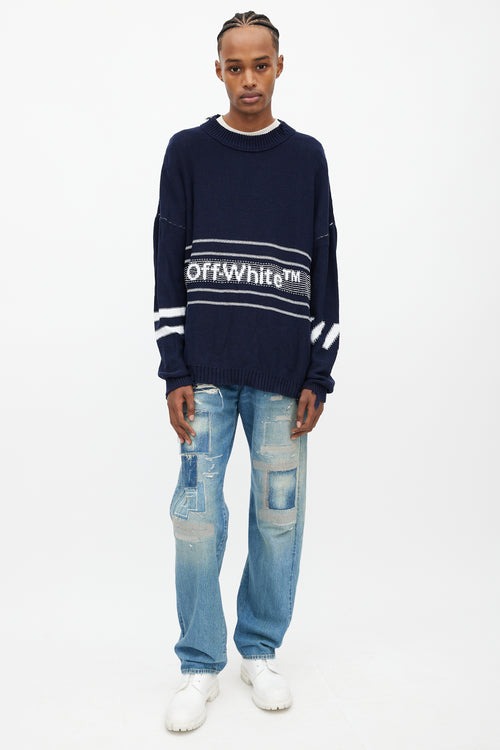 Off-White Navy & White Oversized Distressed Logo Sweater