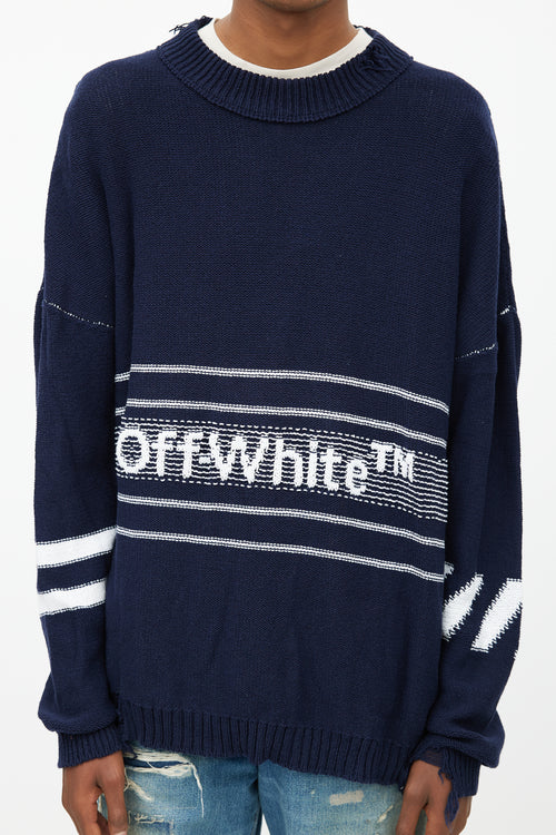 Off-White Navy & White Oversized Distressed Logo Sweater